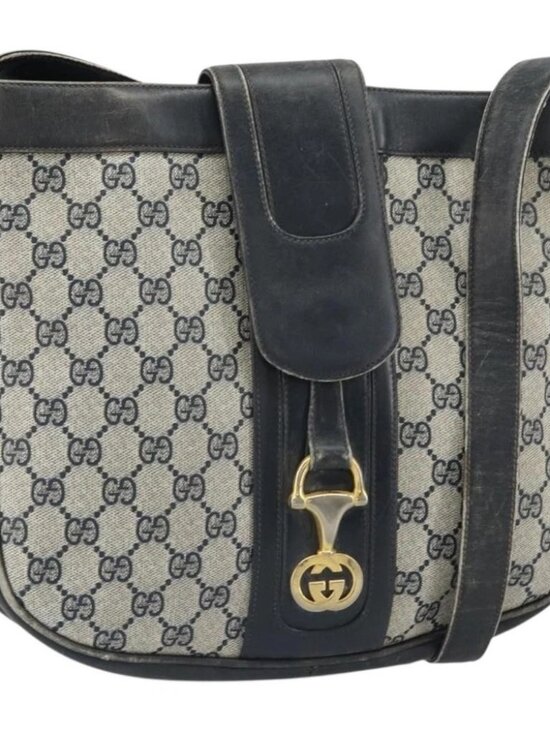 Gucci Handbags - GUCCI GG Supreme Horsebit Shoulder Bag PVC Navy Gold
